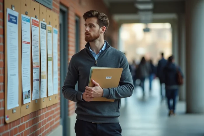Homme consultant un tableau d'affichage universitaire pour accéder à une licence professionnelle en alternance avec un titre équivalent