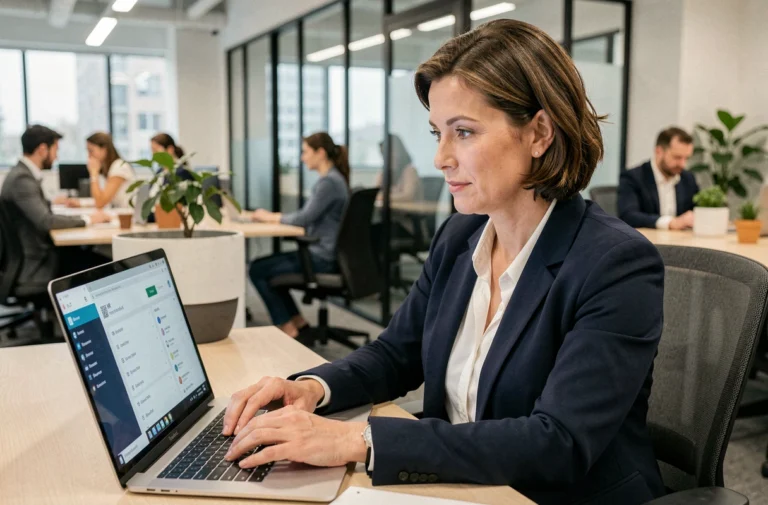 Femme professionnelle connectée à un portail RH sur ordinateur portable dans un bureau moderne