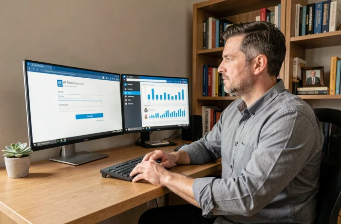 Homme en télétravail accédant à un service RH professionnel depuis son bureau à domicile