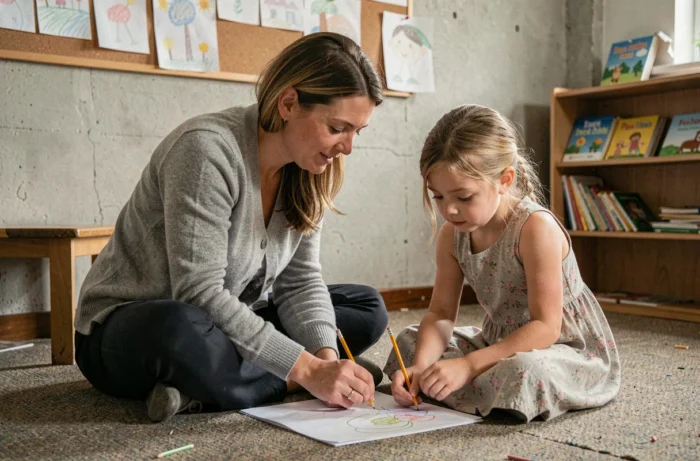 Travailleuse sociale accompagnant une jeune fille en situation de précarité lors d'une activité artistique dans un centre communautaire modeste