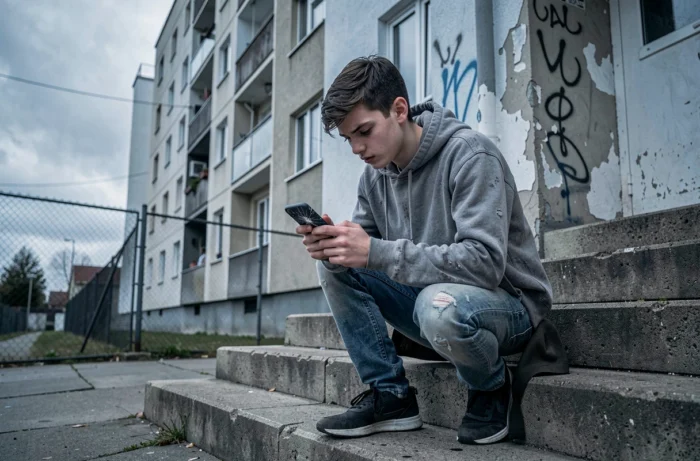 Un adolescent en quartier défavorisé utilisant un smartphone fissuré pour se connecter à Internet, symbole de la fracture numérique urbaine