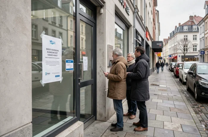 Agence bancaire fermée avec un avis de fermeture sur la porte vitrée, des clients surpris lisant l'affiche sur le trottoir d'une rue commerçante européenne en hiver