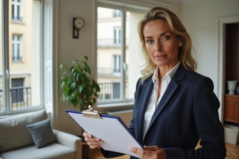 Agent immobilière professionnelle évaluant un bien appartement moderne à Paris avec documents d'estimation