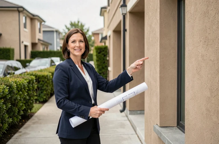 Agent immobilière professionnelle présentant une maison moderne devant une propriété résidentielle contemporaine