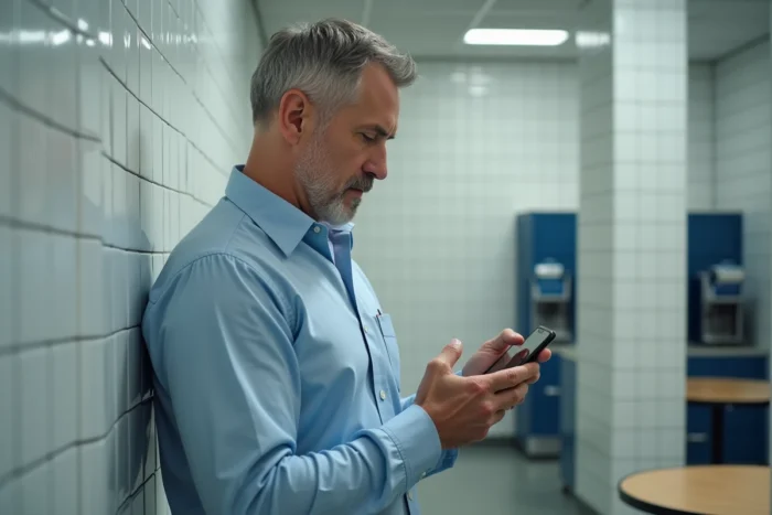 Agent de La Poste consultant une application RH sur smartphone dans la salle de pause d'un centre de tri postal