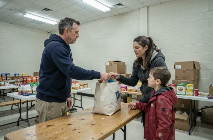 Bénévole remettant un sac de courses à une mère et son enfant dans une banque alimentaire solidaire
