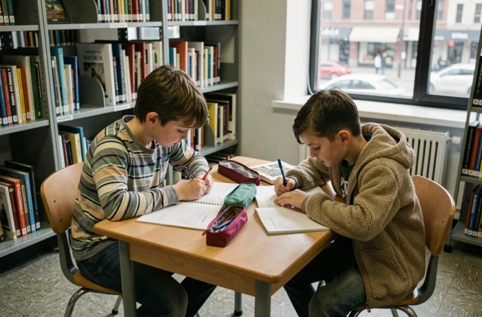 Deux enfants en situation de précarité faisant leurs devoirs lors d'une séance d'aide scolaire dans une bibliothèque municipale
