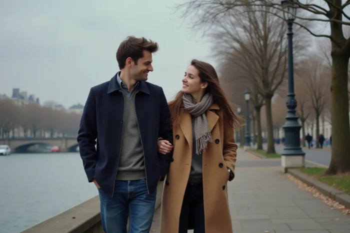 Alicia Dauby et son compagnon se promenant au bord de la Seine au printemps