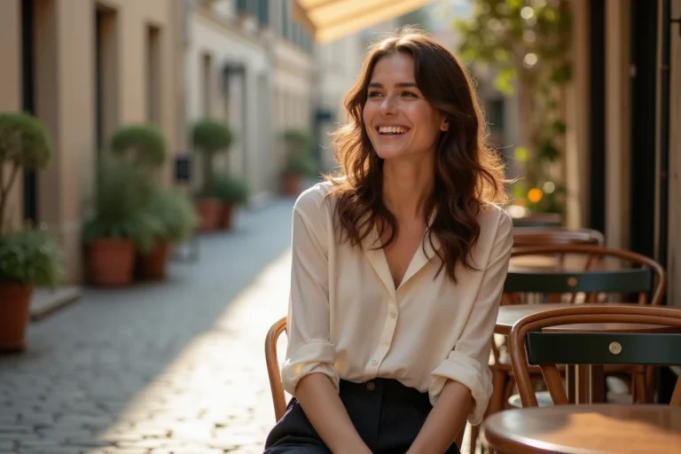 Alicia Dauby souriante en terrasse de café, portrait exclusif 2026