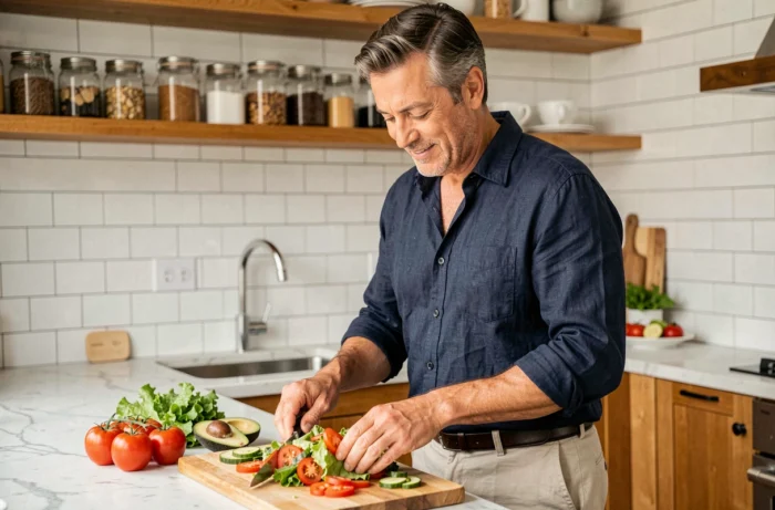 Homme préparant une salade de légumes frais dans une cuisine moderne pour adopter une alimentation saine et éviter les maladies