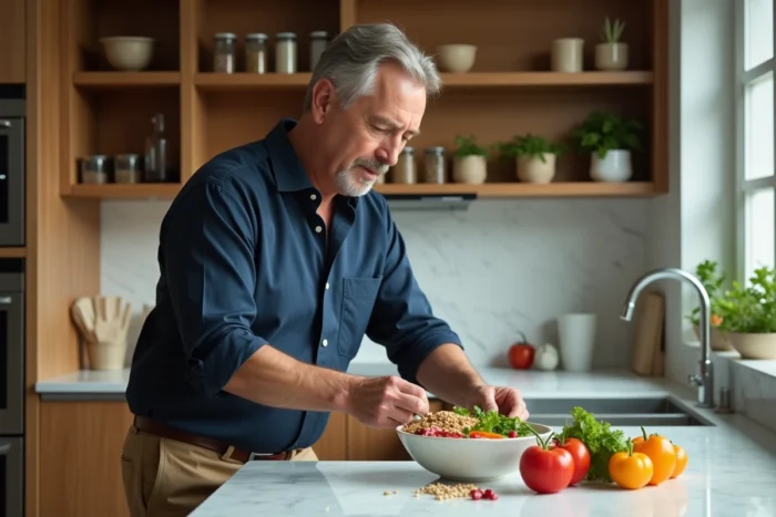 Homme préparant un repas équilibré avec des légumes frais dans une cuisine moderne dans le cadre d'une alimentation saine au quotidien