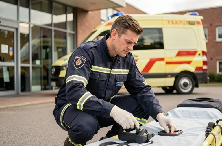 Ambulancier en uniforme bleu marine vérifiant du matériel médical près d'une ambulance devant un hôpital belge