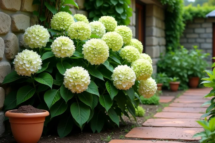 Arbuste d'hortensias aux fleurs blanches et vertes dans un jardin en pierre, illustrant les différents stades de verdissement des hortensias