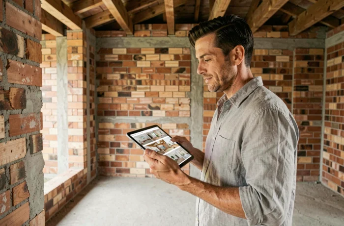 Architecte inspectant une maison en rénovation avec murs en briques apparentes et structure en bois