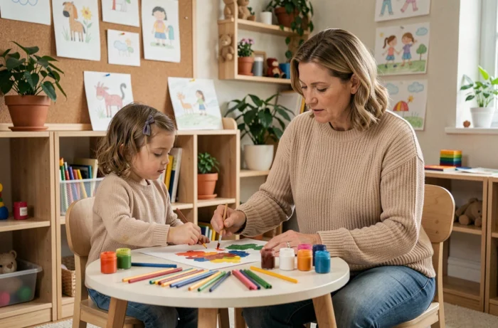 Animatrice aidant un jeune patient à peindre à l'aquarelle dans une salle d'activités d'un hôpital pédiatrique