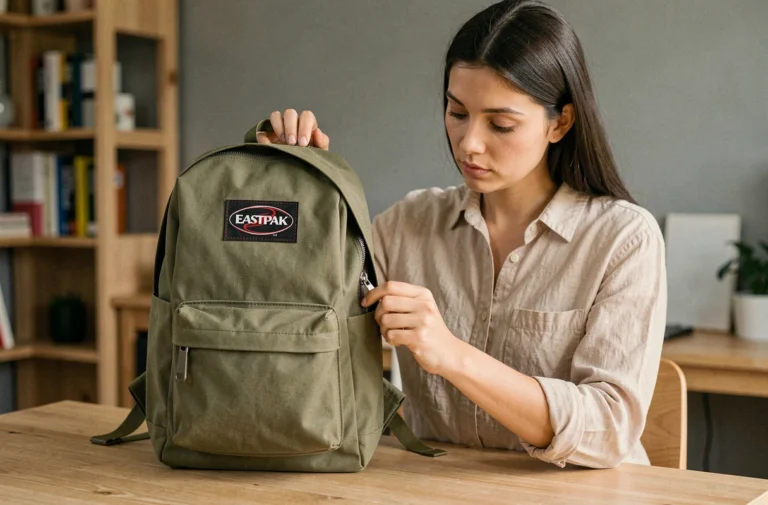 Femme inspectant les coutures et la fermeture éclair d'un sac à dos Eastpak pour détecter une contrefaçon