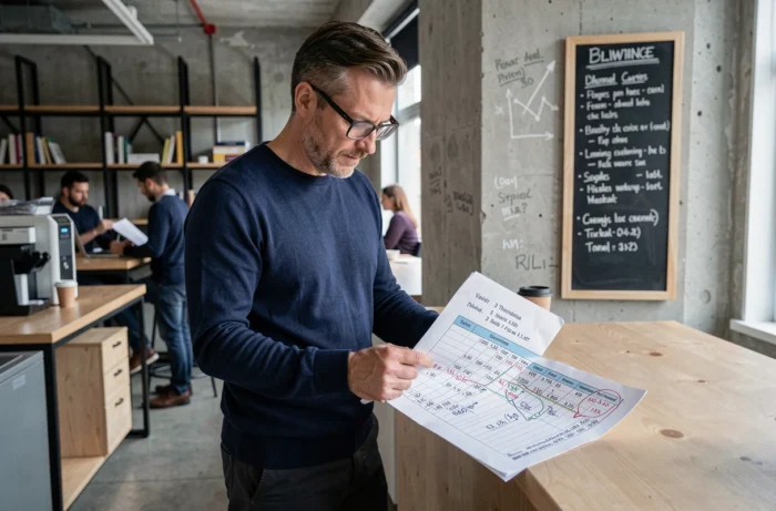 Auto-entrepreneur analysant un tableau de bord de chiffre d'affaires dans un espace de coworking moderne