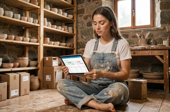 Jeune auto-entrepreneuse artisane vérifiant son chiffre d'affaires sur une application comptable dans son atelier