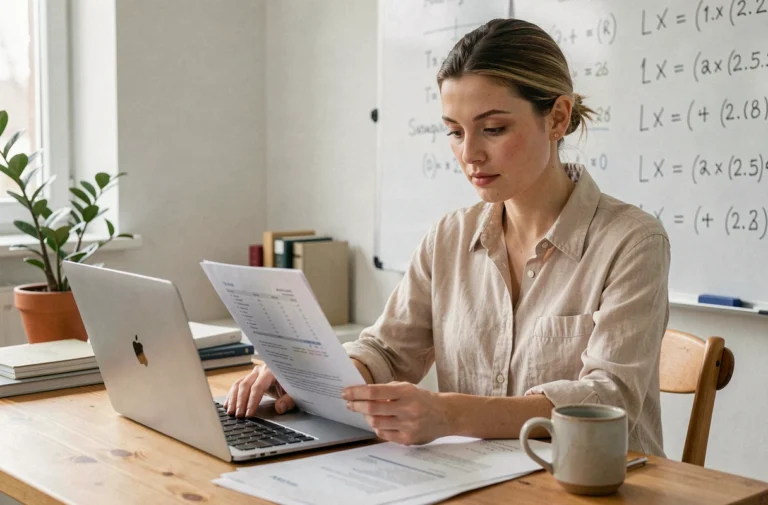 Auto-entrepreneuse consultée des documents financiers pour vérifier son chiffre d'affaires annuel en 2024