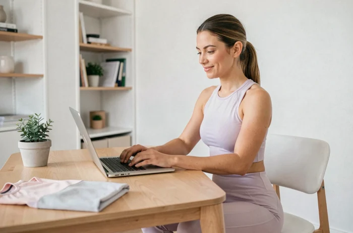 Femme consultant une page de retour client en ligne pour une commande de vêtements de sport Halara sur son ordinateur portable