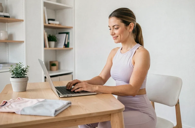 Femme consultant une page de retour client en ligne pour une commande de vêtements de sport Halara sur son ordinateur portable