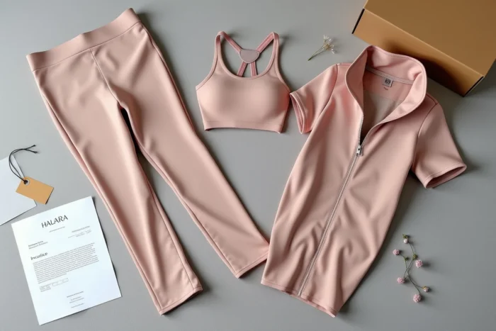 Flat lay de vêtements de sport Halara sortis de leur colis avec facture et emballage