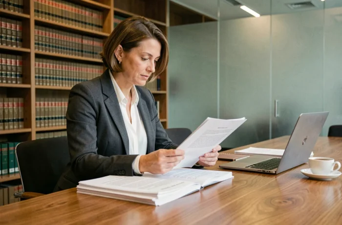 Avocate d'entreprise analysant des documents juridiques dans un cabinet de conseil en droit européen des affaires