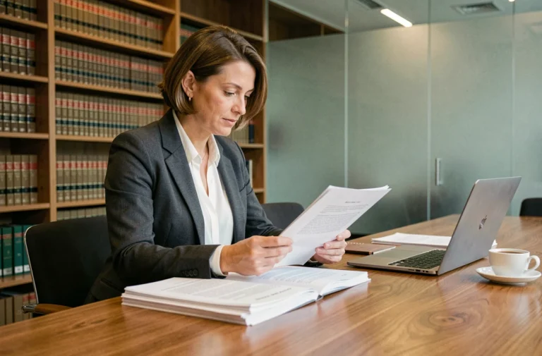 Avocate d'entreprise analysant des documents juridiques dans un cabinet de conseil en droit européen des affaires