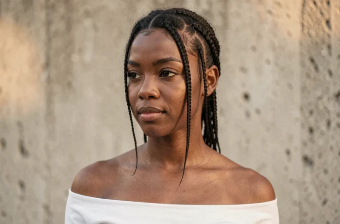 Femme avec de fines baby braids encadrant le visage sur une coupe courte naturelle