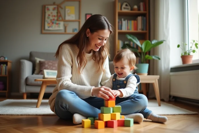 Jeune baby-sitter souriante jouant avec un enfant en bas âge sur le parquet d'un appartement à Besançon