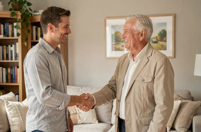 Deux hommes de générations différentes se serrant la main chaleureusement dans un salon familial, symbolisant l'intégration d'un beau-neveu dans la famille