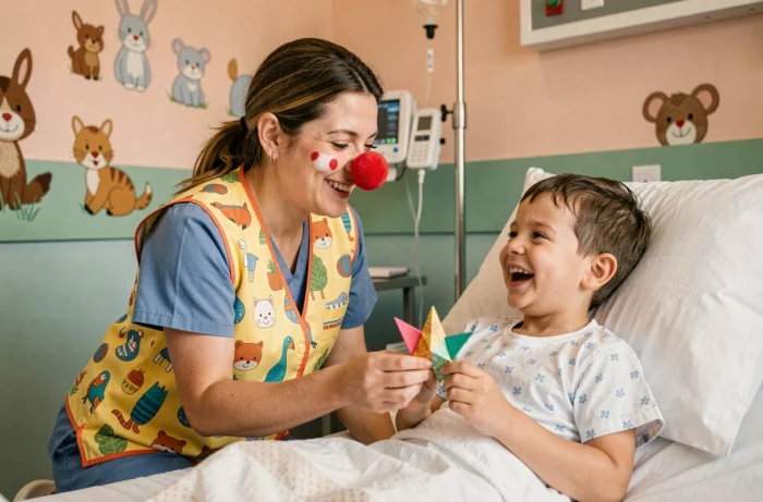 Bénévole déguisée en clown hospitalier apportant joie à un enfant hospitalisé dans une chambre pédiatrique colorée