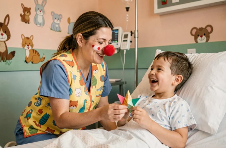 Bénévole déguisée en clown hospitalier apportant joie à un enfant hospitalisé dans une chambre pédiatrique colorée