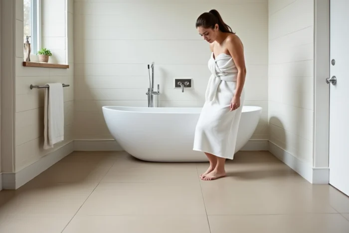 Sol en béton ciré gris greige dans une salle de bain moderne avec baignoire îlot, femme pieds nus sur la surface polie