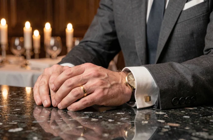 Homme en costume portant des boutons de manchette et une bague en or Torrente dans un restaurant parisien de luxe