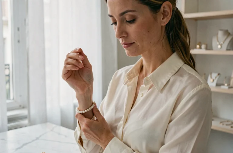 Femme élégante tenant un bracelet en or et perles signé Torrente dans un atelier parisien minimaliste