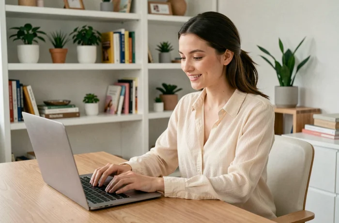 Blogueuse lifestyle souriante assise à son bureau en train de taper sur son ordinateur portable pour répondre à des messages de collaboration