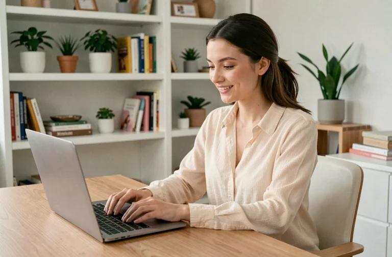 Blogueuse lifestyle souriante assise à son bureau en train de taper sur son ordinateur portable pour répondre à des messages de collaboration