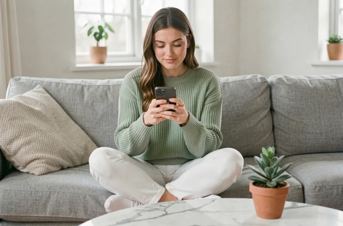 Blogueuse lifestyle lisant un message de collaboration sur son smartphone depuis son canapé dans un intérieur scandinave