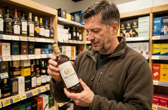 Homme examinant une bouteille de whisky dans une boutique duty-free de spiritueux au Pas de la Case en Andorre