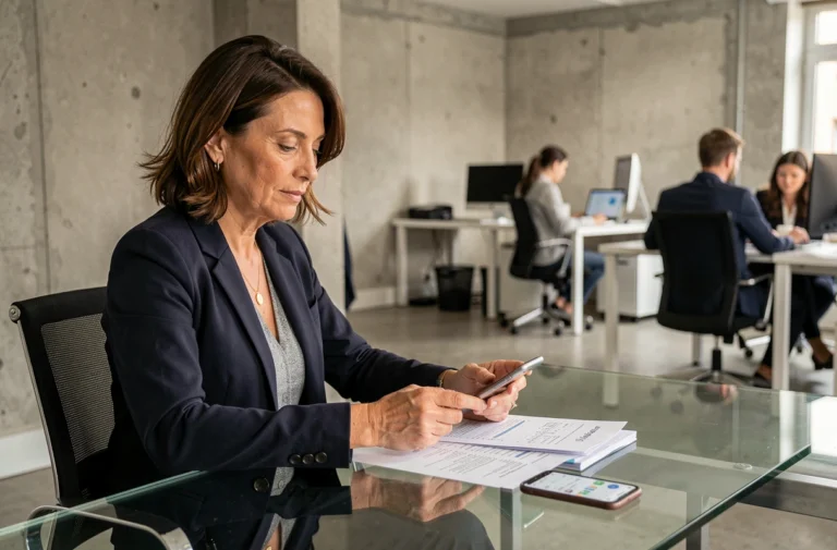 Cadre bancaire professionnel examinant l'application BoursoBank sur smartphone dans un bureau moderne à Paris