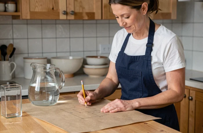Femme calculant un volume en litres à partir de mètres carrés dans une cuisine avec un carnet et des contenants gradués