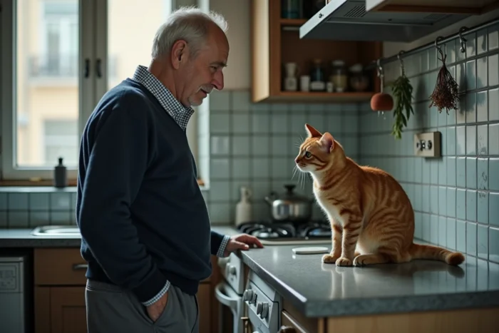 Homme âgé en cardigan bleu marine dans une cuisine modeste regardant avec surprise un chat roux apparu sur le comptoir