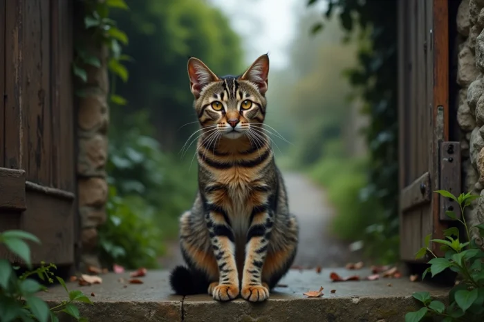 Chat tigré aux yeux ambrés assis sur le seuil d'une vieille maison de campagne, regardant l'objectif avec une expression mystérieuse