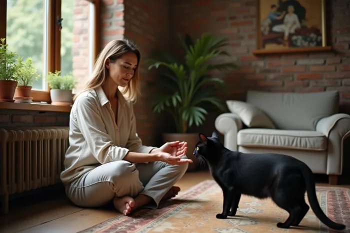 Femme assise sur un plancher en bois tendant la main vers un chat noir qui lui rend visite, dans un salon chaleureux aux murs en briques