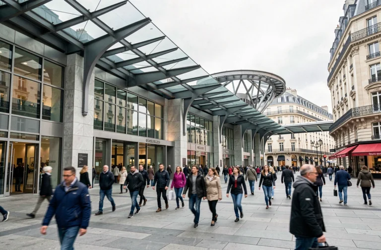 Entrée du forum des Halles à Paris avec piétons et architecture moderne sous verrière en verre et acier
