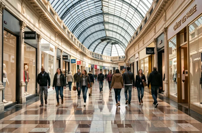 Galerie marchande intérieure du forum des Halles à Paris avec commerces passants et verrière en verre