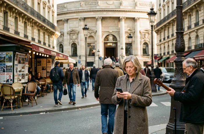 Rue animée près de Châtelet Paris avec terrasse de café touristes et façade historique du théâtre
