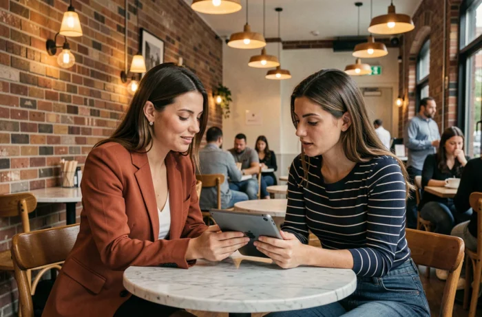 Deux femmes discutant d'une collaboration avec une blogueuse lifestyle autour d'une tablette dans un café urbain