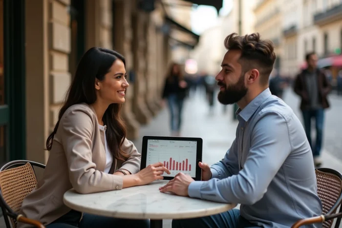 Deux jeunes entrepreneurs collaborant sur le lancement d'un business en ligne autour d'une tablette dans un café parisien